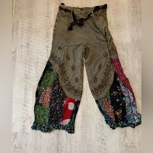 Bohemian Patchwork Wide-Leg Women's Pants - Olive Multicolor